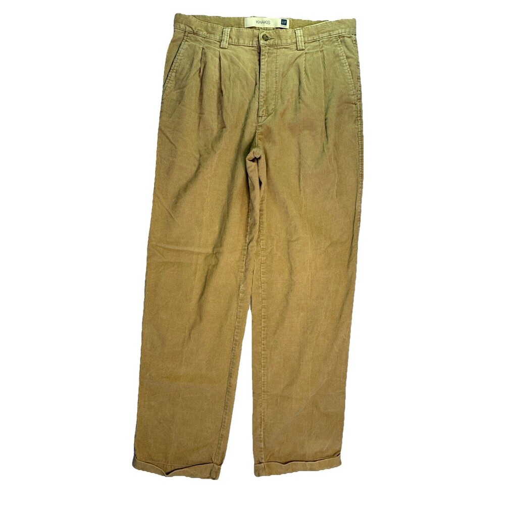 GAP Khaki Pleated Corduroy Pants Men 34x34 32L Brown Cotton Cuffed Preppy Y2K